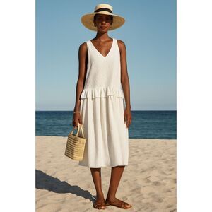 Naya Rea Mila Peplum Midi Fairy Peasant Boho Dress in White 12 NWOT